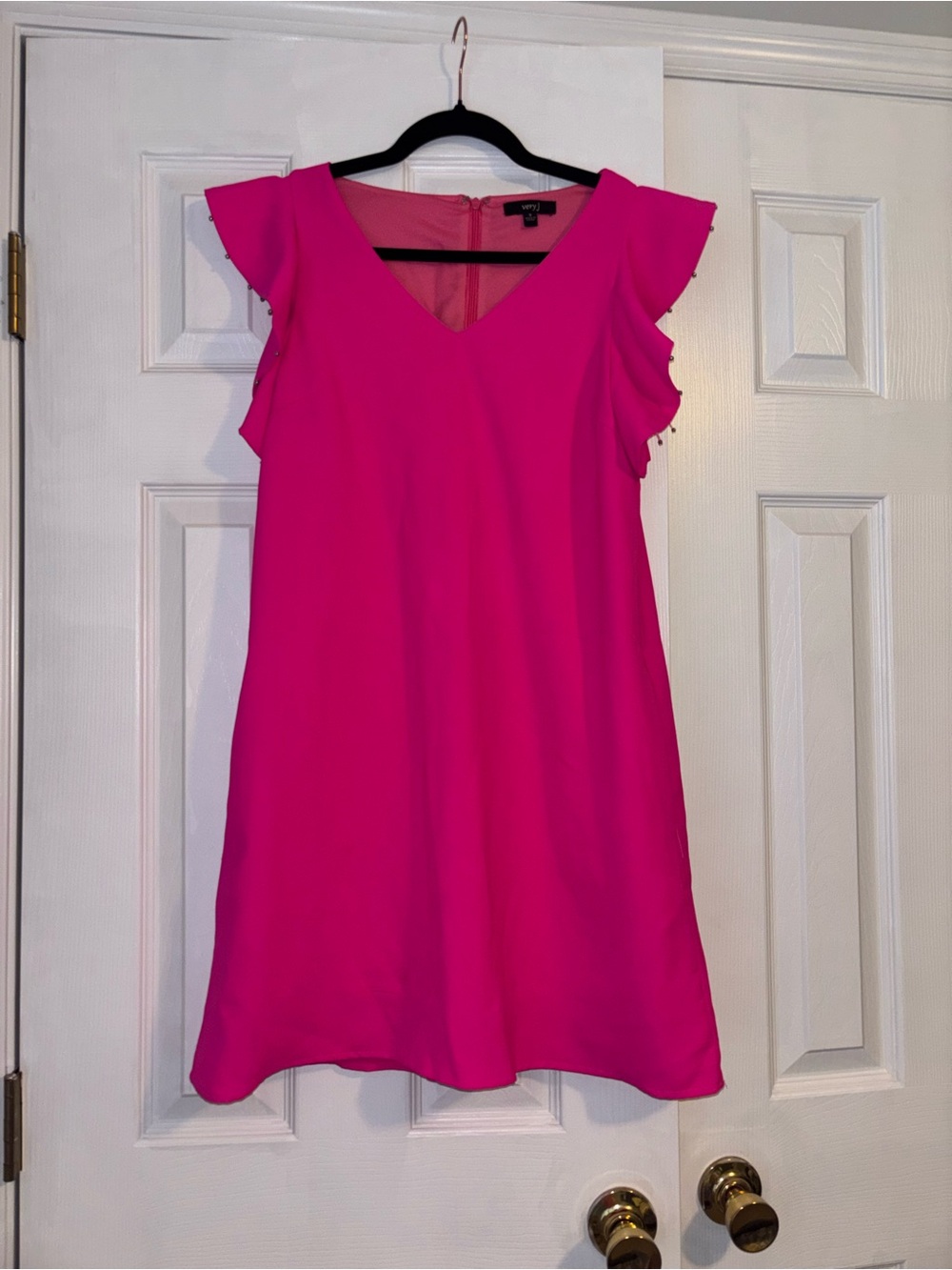 Very J Hot Pink V-Neck Ruffle Sleeve Mini Dress
